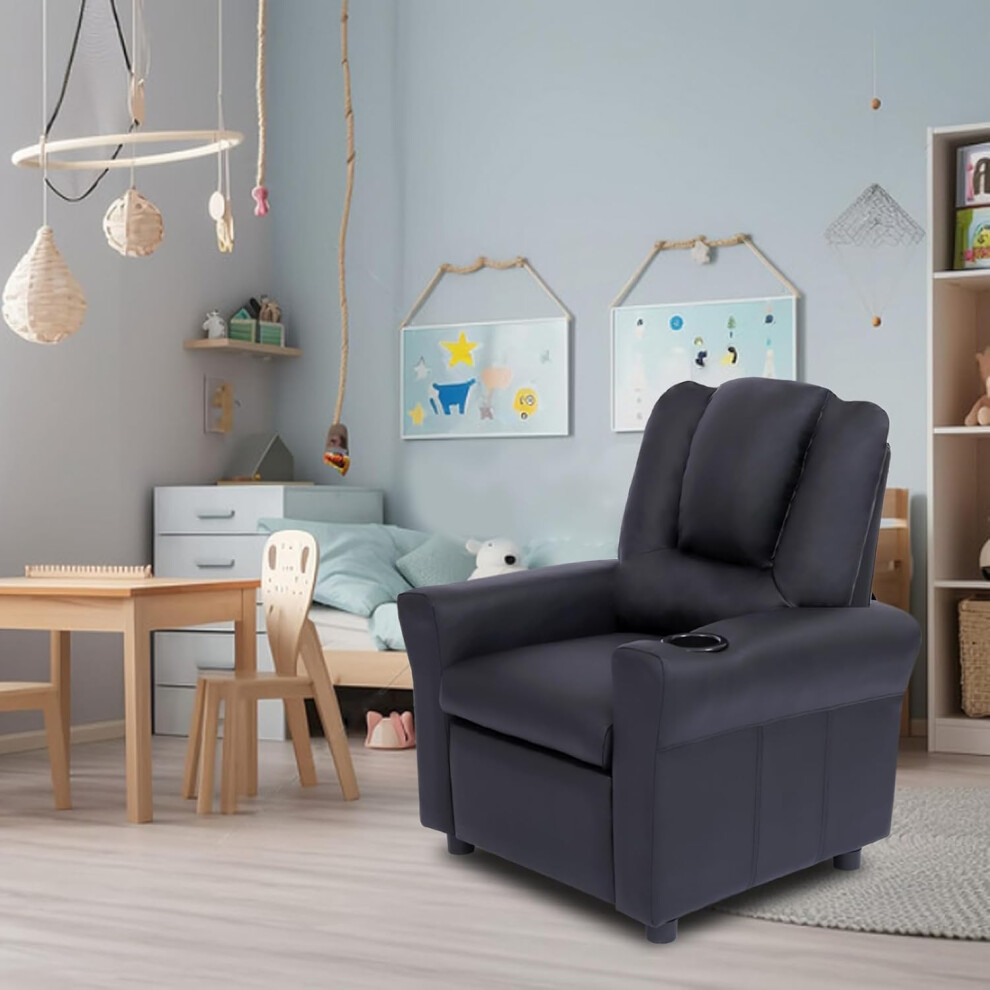 Black PU Leather Recliner Chair with Cup Holder - Modern Design
