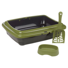 (Green) Cat Kitten Litter Tray Open Top Toilet Loo Potty Pan with Scoop Shovel Food Water Bowl