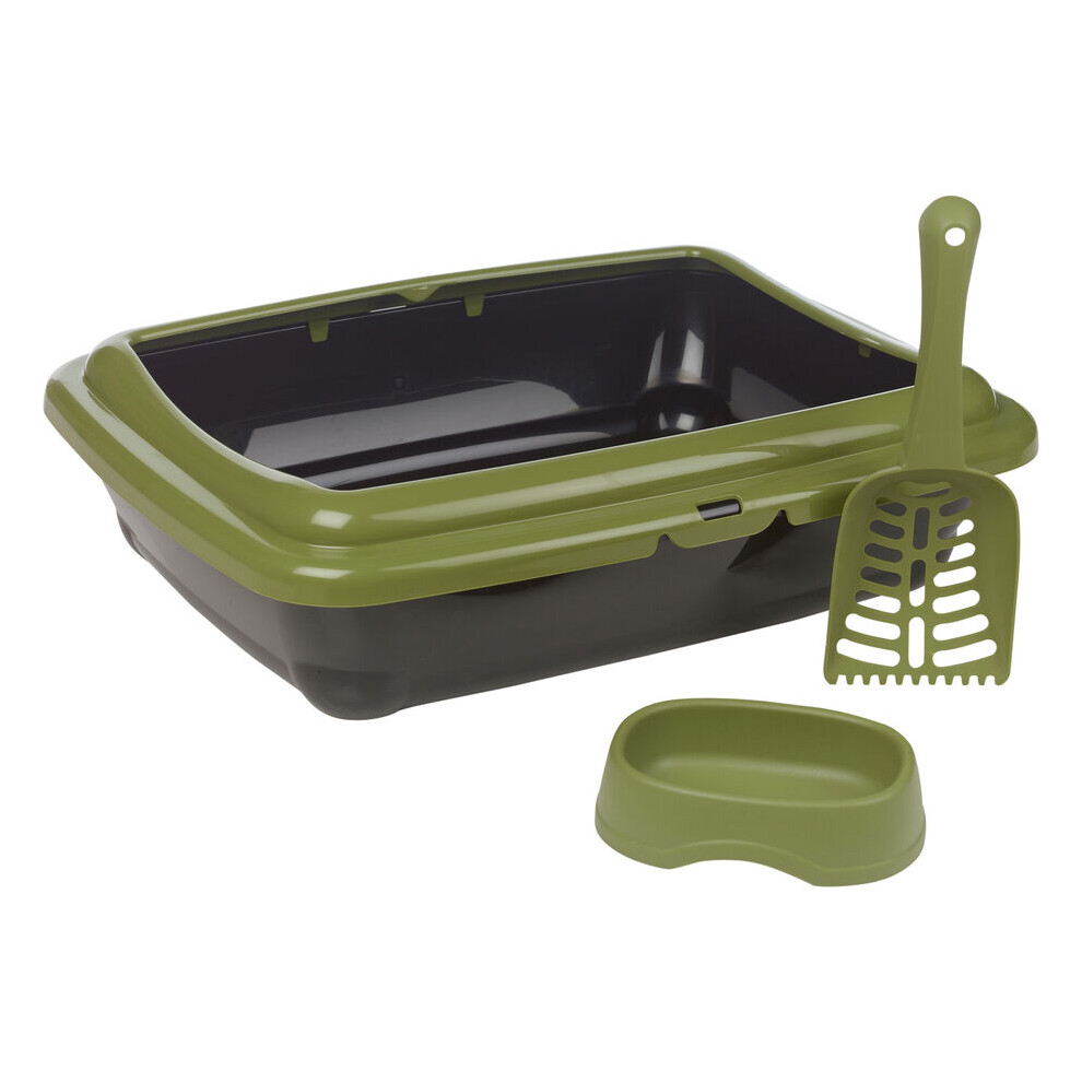 (Green) Cat Kitten Litter Tray Open Top Toilet Loo Potty Pan with Scoop Shovel Food Water Bowl