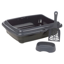 (Grey) Cat Kitten Litter Tray Open Top Toilet Loo Potty Pan with Scoop Shovel Food Water Bowl