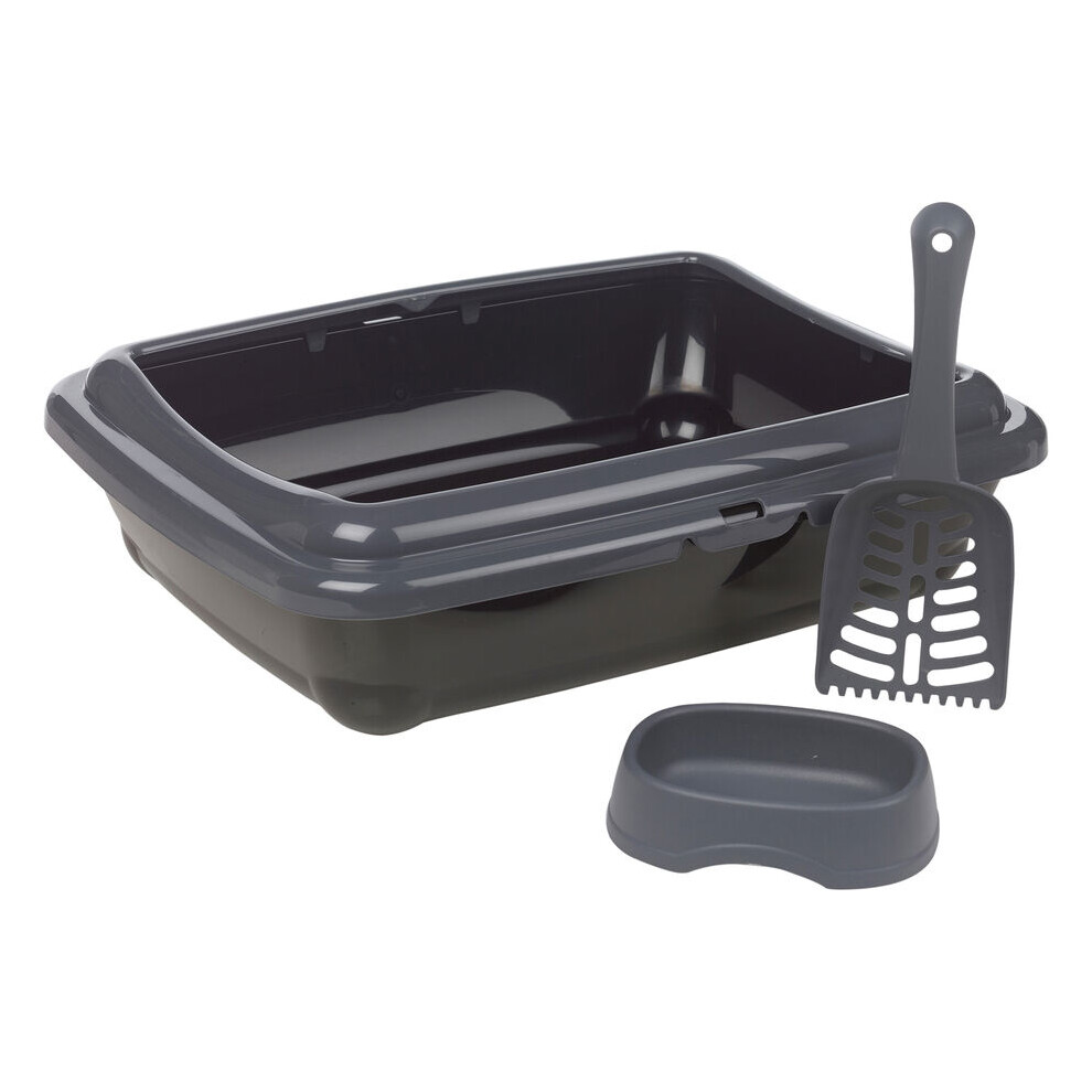 Photos - Cat Litter Box / Tray  Cat Kitten Litter Tray Open Top Toilet Loo Potty Pan with Scoop Shovel Food Water Bowl(Grey)