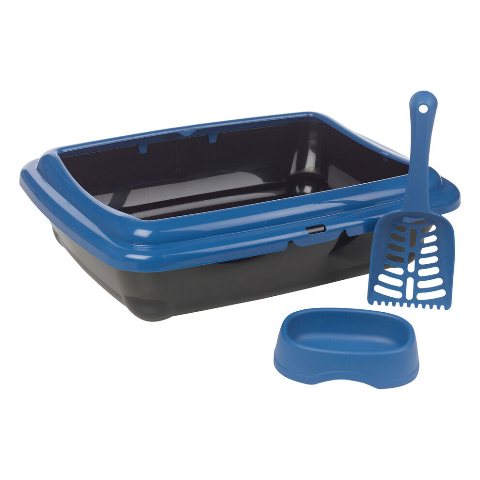 (Blue) Cat Kitten Litter Tray Open Top Toilet Loo Potty Pan with Scoop Shovel Food Water Bowl