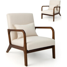 Beige Upholstered Accent Armchair Lumbar Support & Rubber Wood Frame