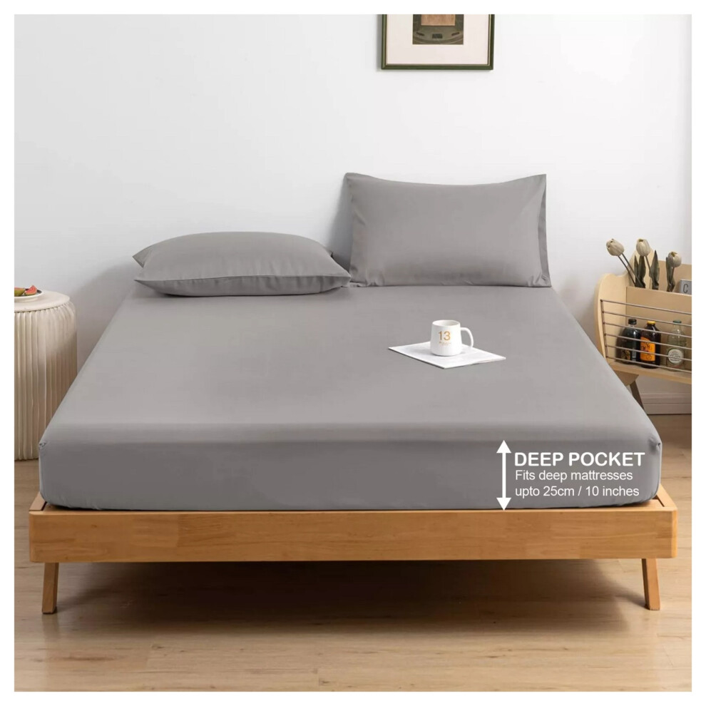 (Double Fitted Sheets 25cm) Grey Fitted Sheet Bed Sheets Single Double King UK