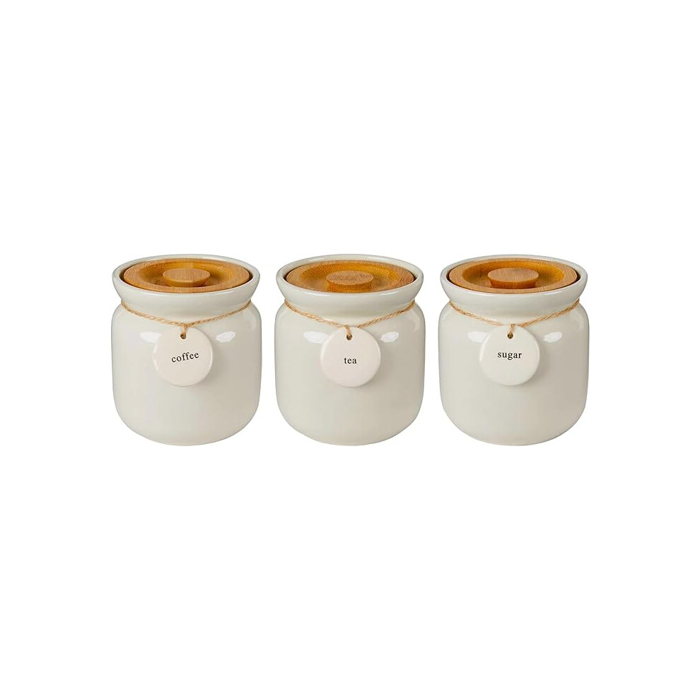 Ceramic Tea, Coffee, Sugar Canisters Jars with Wooden Lids Set of 3