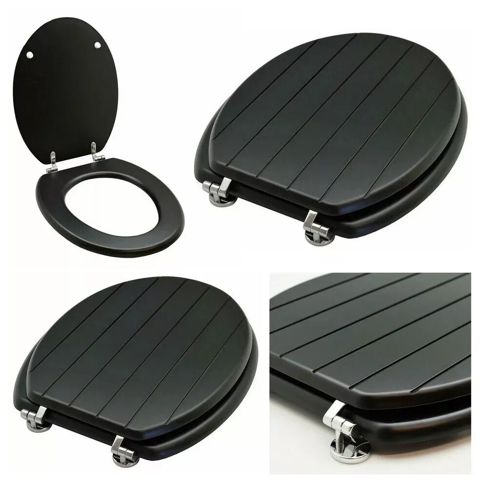 HEAVY DUTY Black Tongue And Groove Toilet Seat MDF Wooden Strong Chrome Plated Hinges