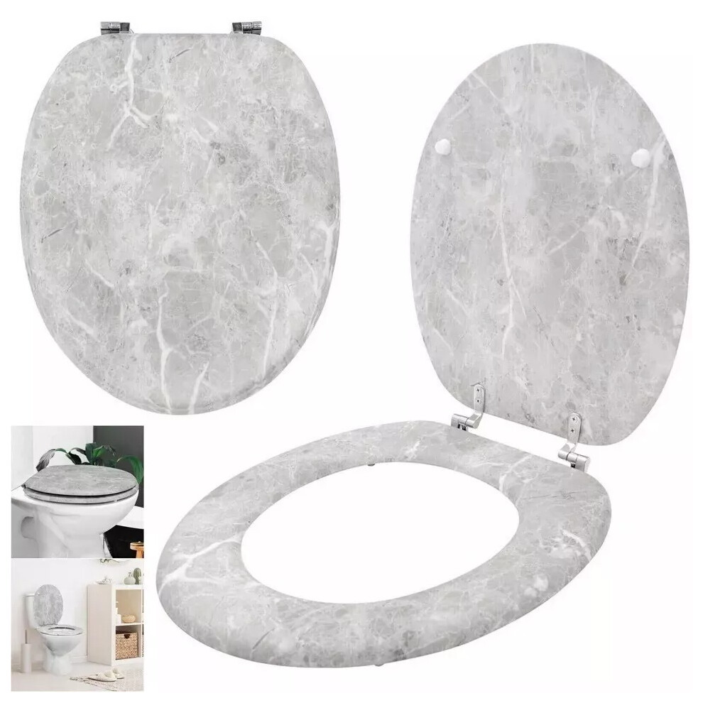 HEAVY DUTY Grey Marble Effect Anti-Bacterial Coating MDF Toilet Seat Chrome Hinges Easy Fit