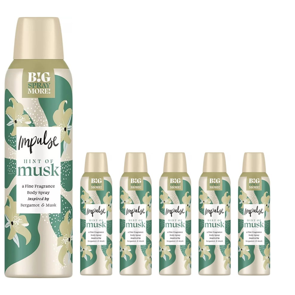 6 x 150ml Impulse Hint Of Musk Body Spray Fragrance Deodorant