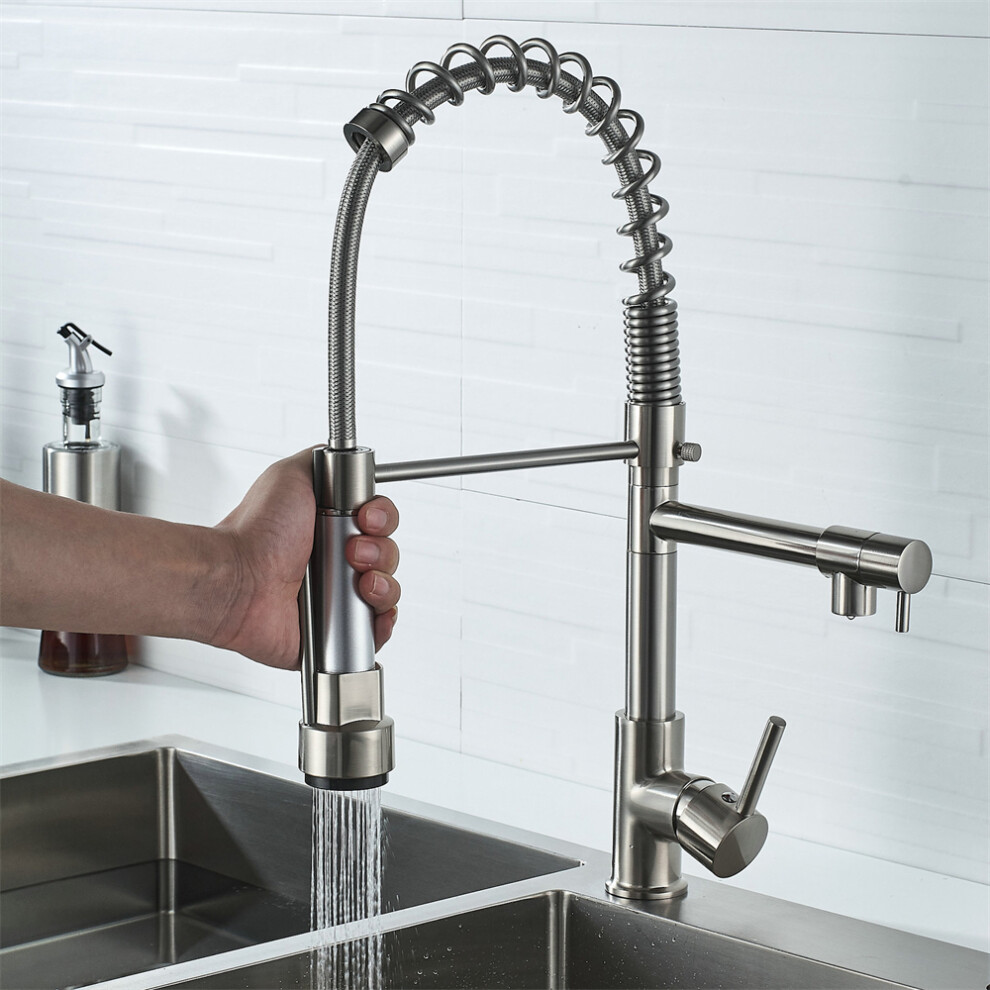 Kitchen Tap with 2 Spouts and 2 Mode Pull Down Kitchen Mixer Taps Spring 360 Swivel Kitchen Faucet Silver