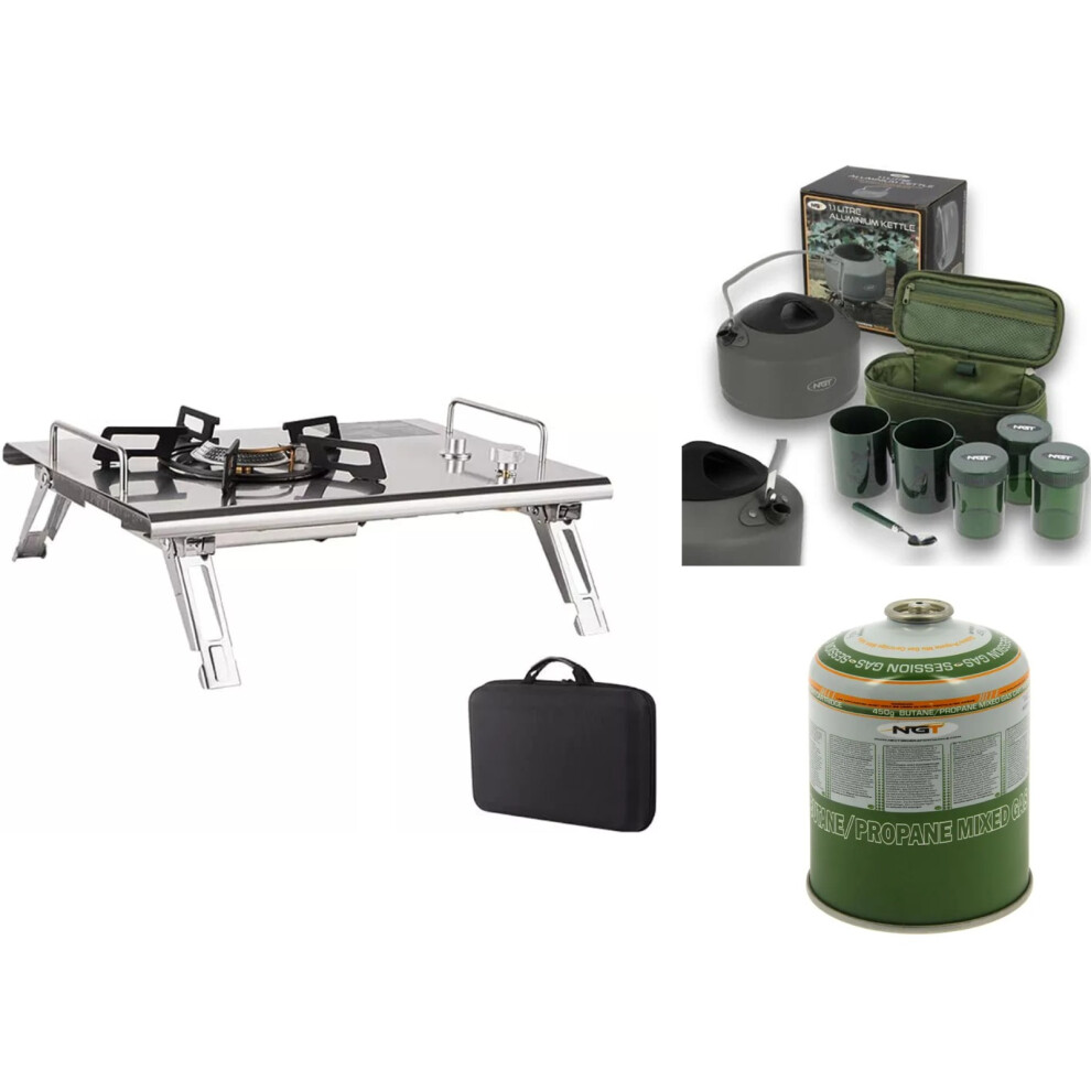 Folding Cassette Stove Portable Camping +Kettle Brew Kit Set 2 Cups 3 Pots 1 GAS
