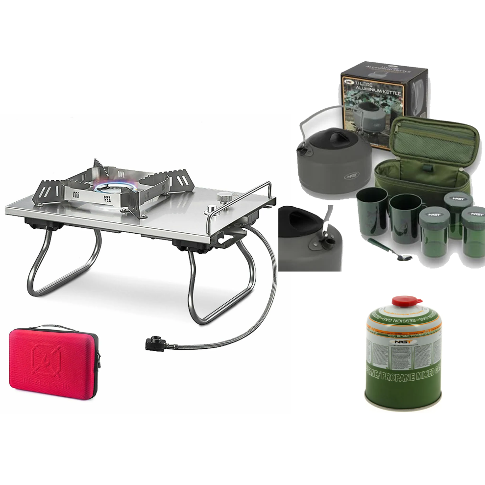 CARP FISHING STOVE + 1.1L Kettle + Set 3 Pots 2 Cups Tea + 1 GAS