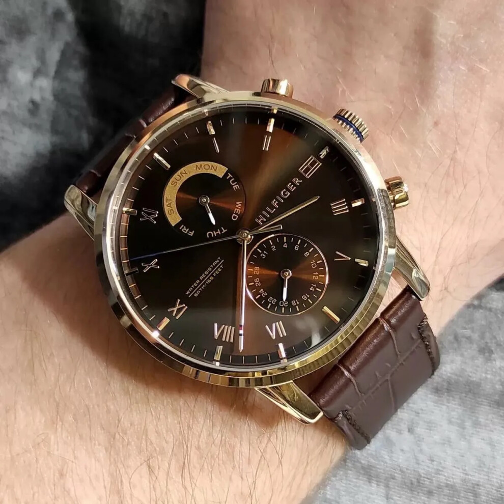 TOMMY HILFIGER 1710400 MENS WATCH BAND STRAP BROWN DIAL ROSE GOLD CASE