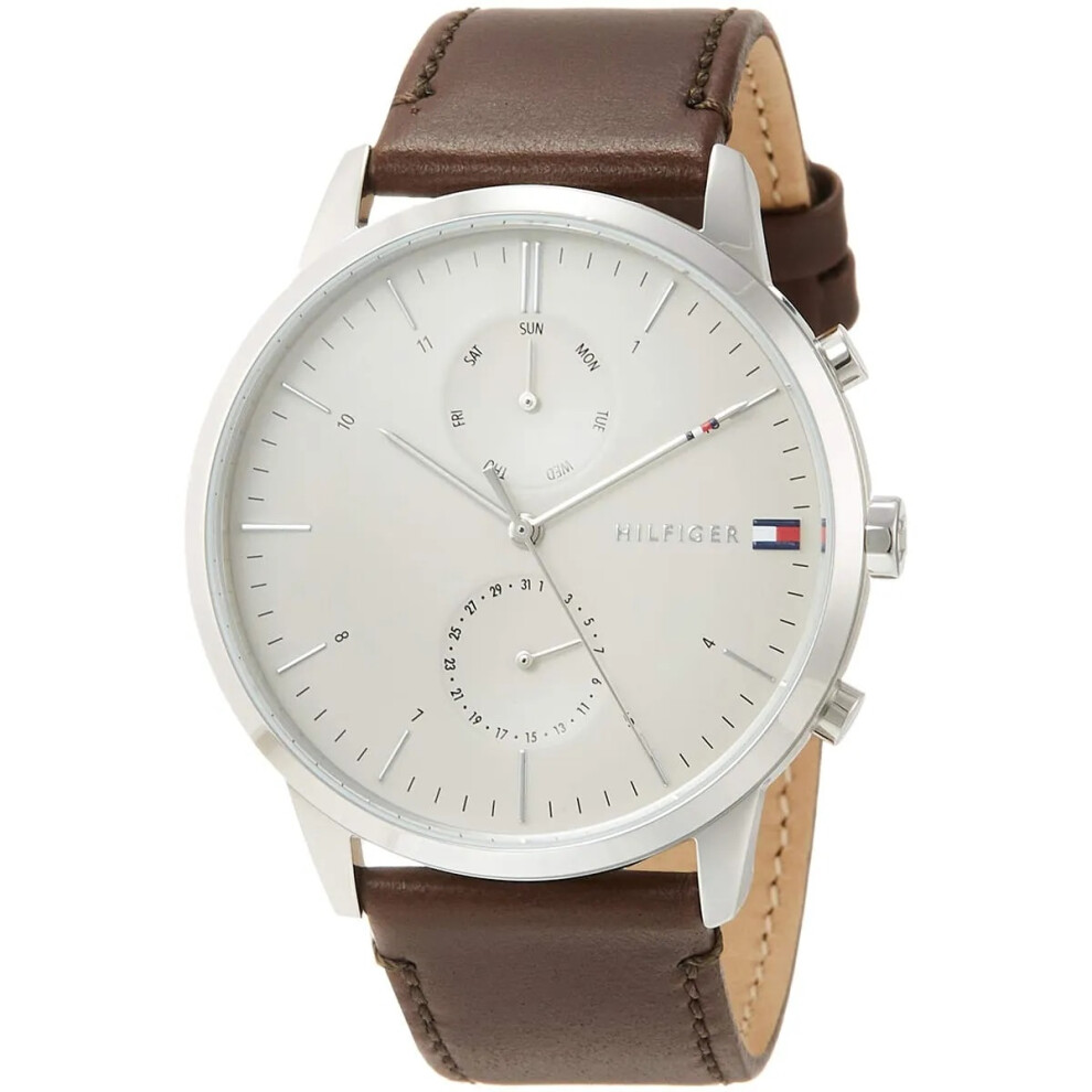 TOMMY HILFIGER 1710404 MEN'S WATCH BROWN STRAP IVORY DIAL SILVER CASE