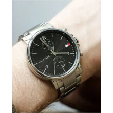 TOMMY HILFIGER 1710413 MEN'S WATCH SILVER STRAP BLACK DIAL SILVER CASE