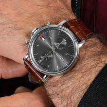 TOMMY HILFIGER 1710416 MEN'S WATCH BROWN STRAP GREY DIAL SILVER CASE
