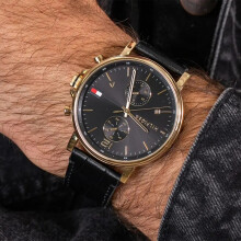 TOMMY HILFIGER 1710417 MEN'S WATCH BLACK STRAP BLACK DIAL GOLD CASE