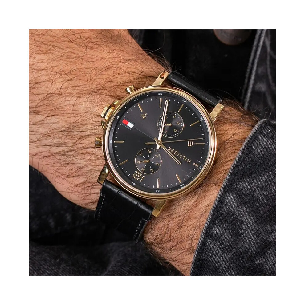 TOMMY HILFIGER 1710417 MEN'S WATCH BLACK STRAP BLACK DIAL GOLD CASE