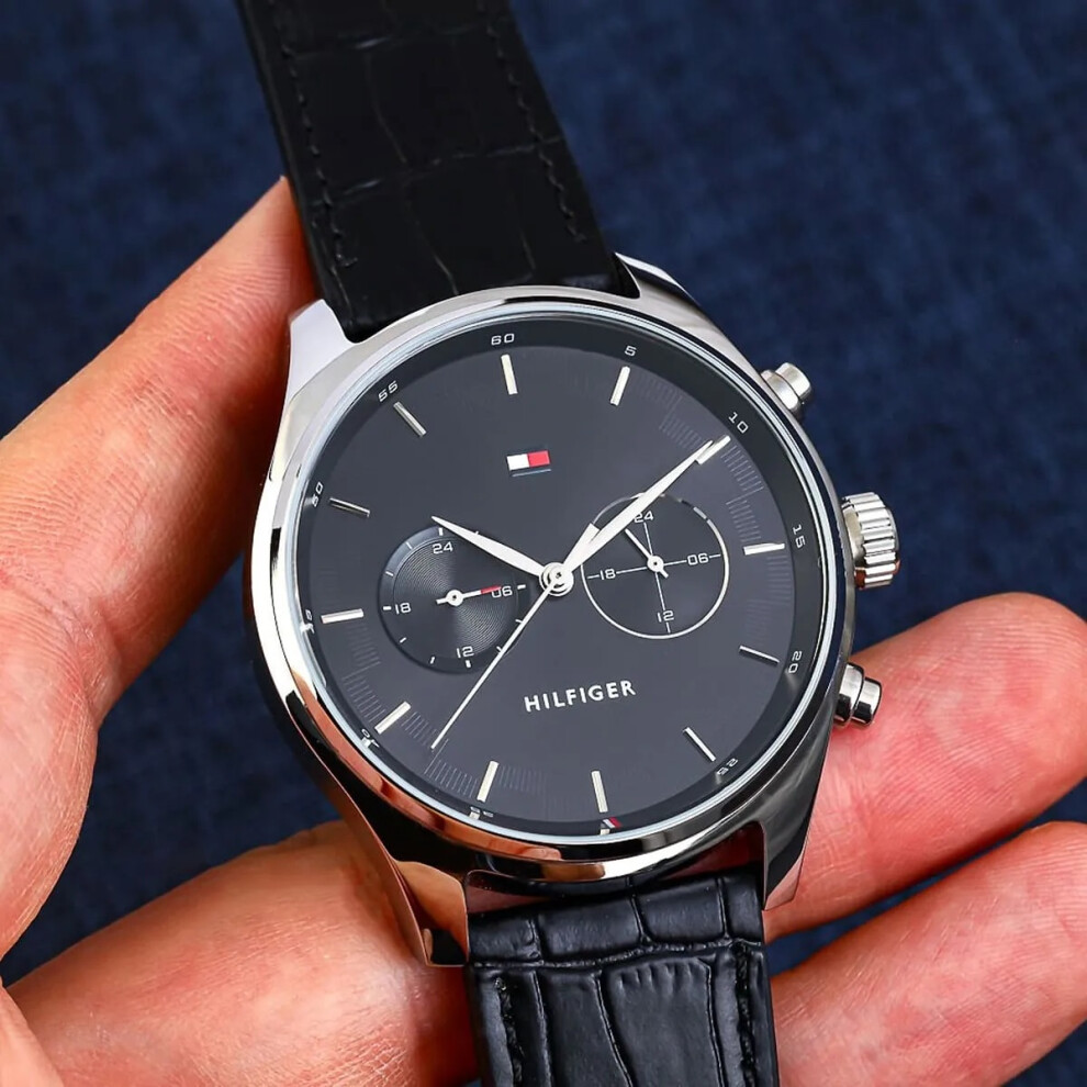 TOMMY HILFIGER 1710424 MEN'S WATCH BLACK STRAP BLACK DIAL SILVER CASE