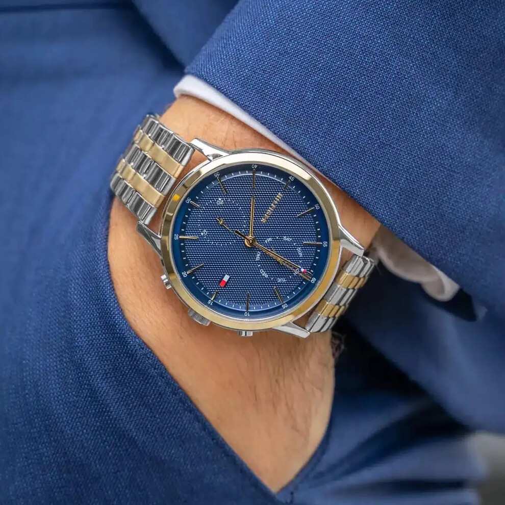 TOMMY HILFIGER 1710432 MEN'S WATCH SILVER GOLD STRAP BLUE DIAL