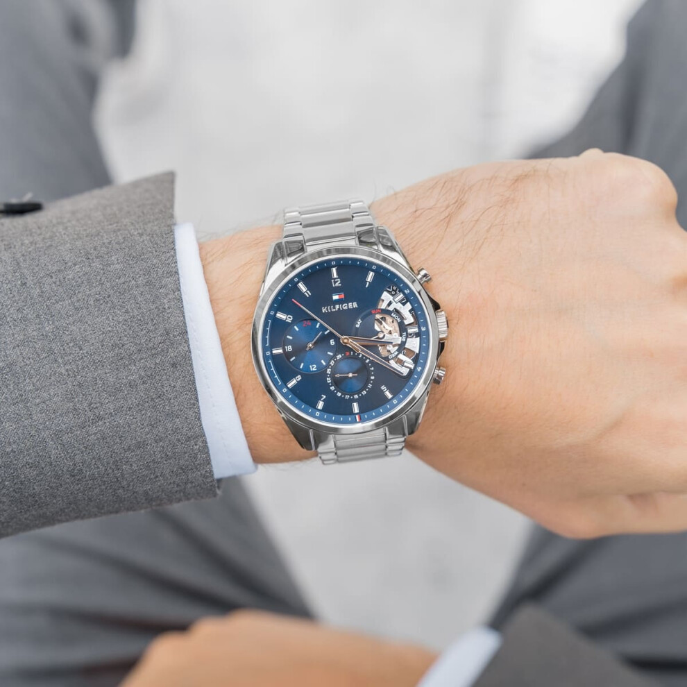 TOMMY HILFIGER 1710448 MEN'S WATCH SILVER STRAP BLUE DIAL SILVER CASE