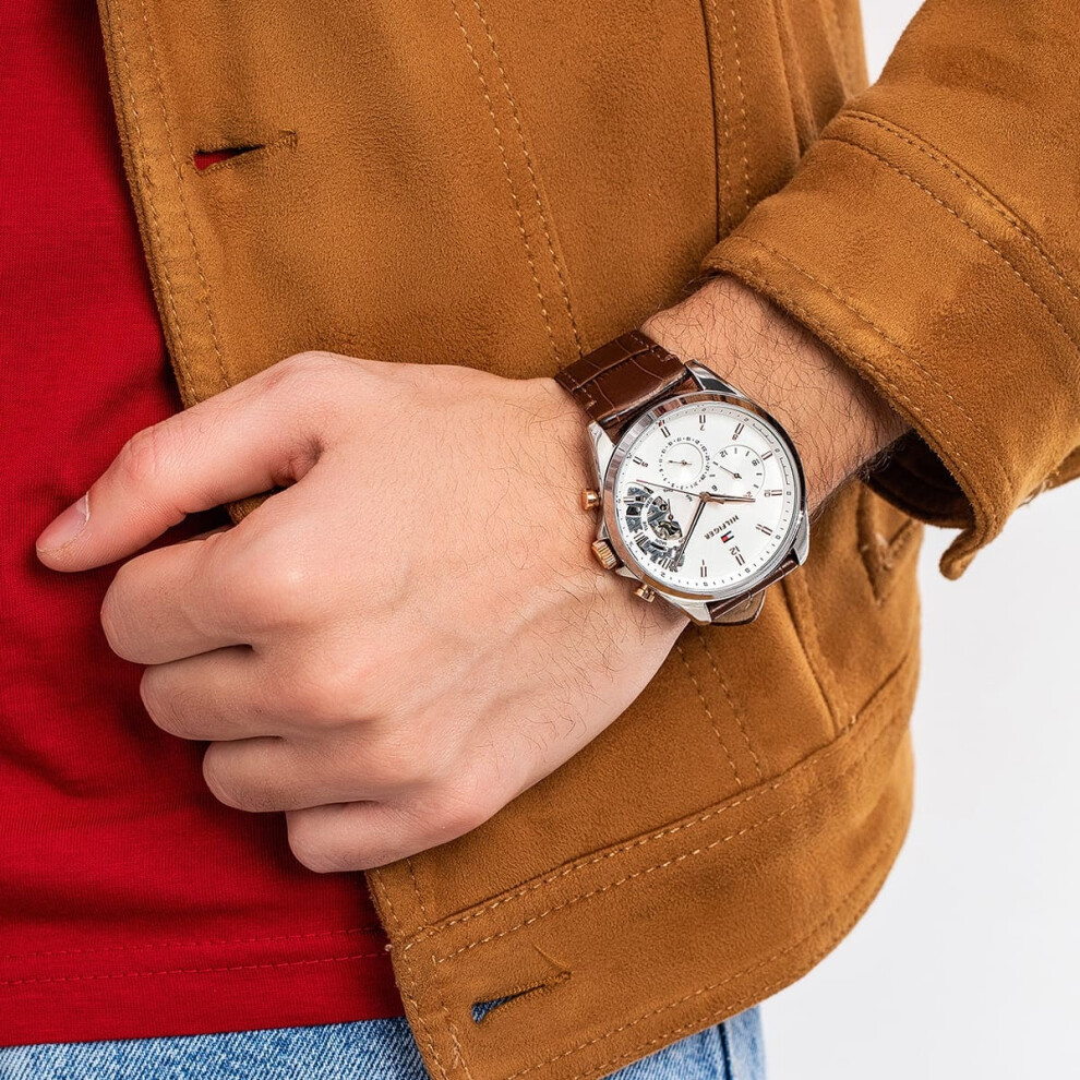 TOMMY HILFIGER 1710450 MEN'S WATCH BROWN STRAP WHITE DIAL SILVER CASE