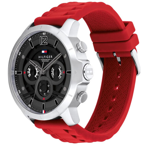 Tommy Hilfiger TOMMY HILFIGER 1710490 MEN'S WATCH RED STRAP BLACK DIAL SILVER CASE 2