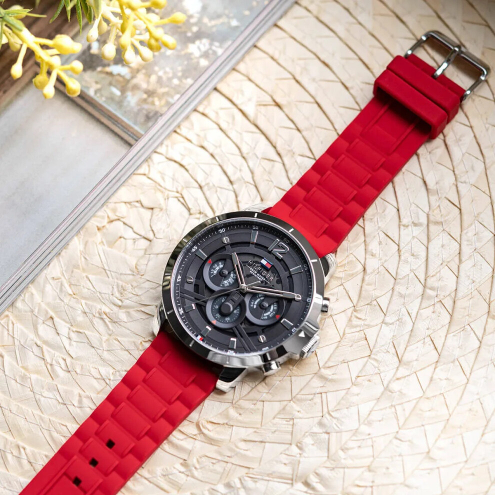 TOMMY HILFIGER 1710490 MEN'S WATCH RED STRAP BLACK DIAL SILVER CASE