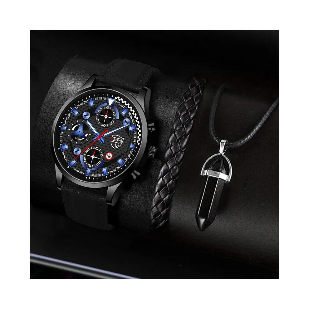 (Black Blue) Mens Sports Bracelet Necklace Quartz Watch Set