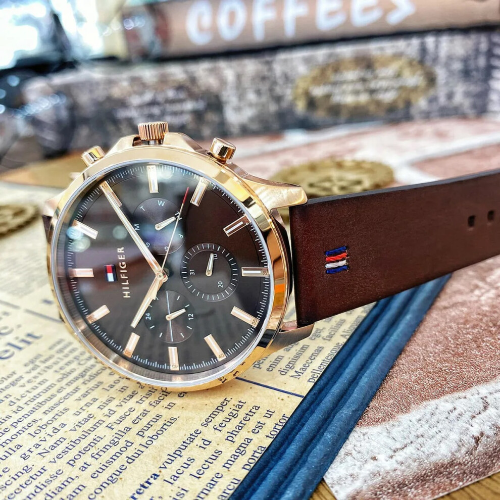 TOMMY HILFIGER 1710497 MENS WATCH BROWN BAND BROWN DIAL ROSE GOLD CASE