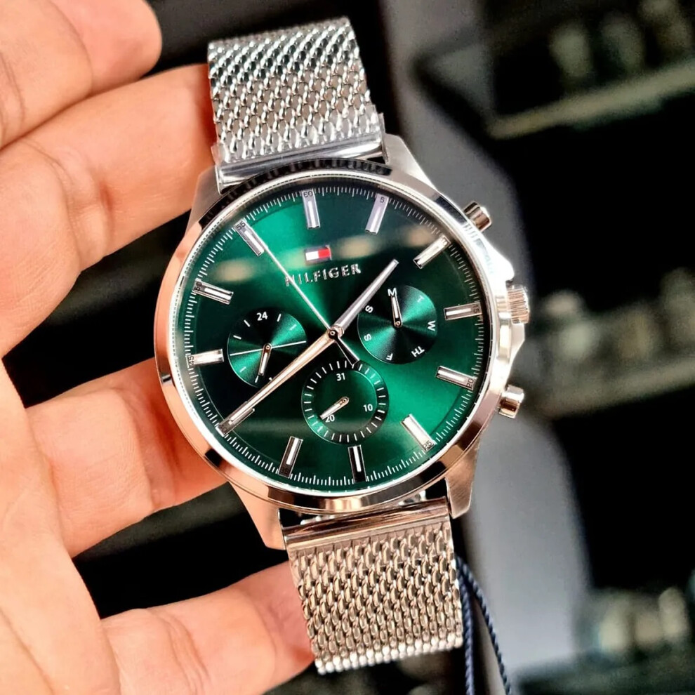 TOMMY HILFIGER 1710499 MEN'S WATCH SILVER STRAP GREEN DIAL SILVER CASE