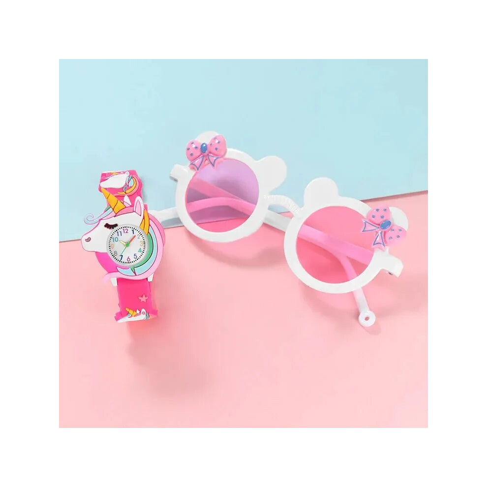 (White) Girls Kids Unicorn Silicone Quartz Watch Sunglasses Watch Set