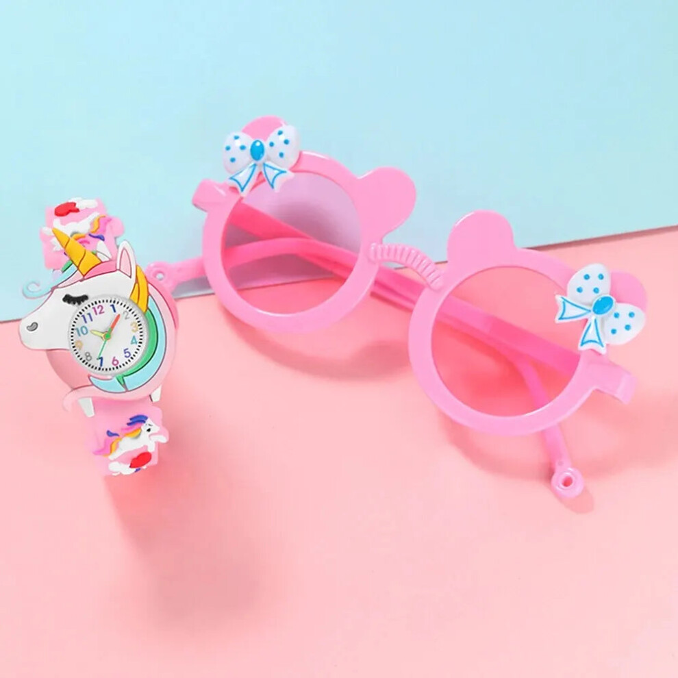 (Pink) Girls Kids Unicorn Silicone Quartz Watch Sunglasses Watch Set