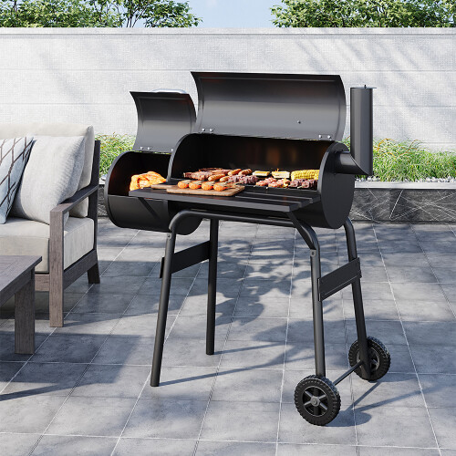 Outdoor Charcoal BBQ Grill with Portable Trolley Wheels