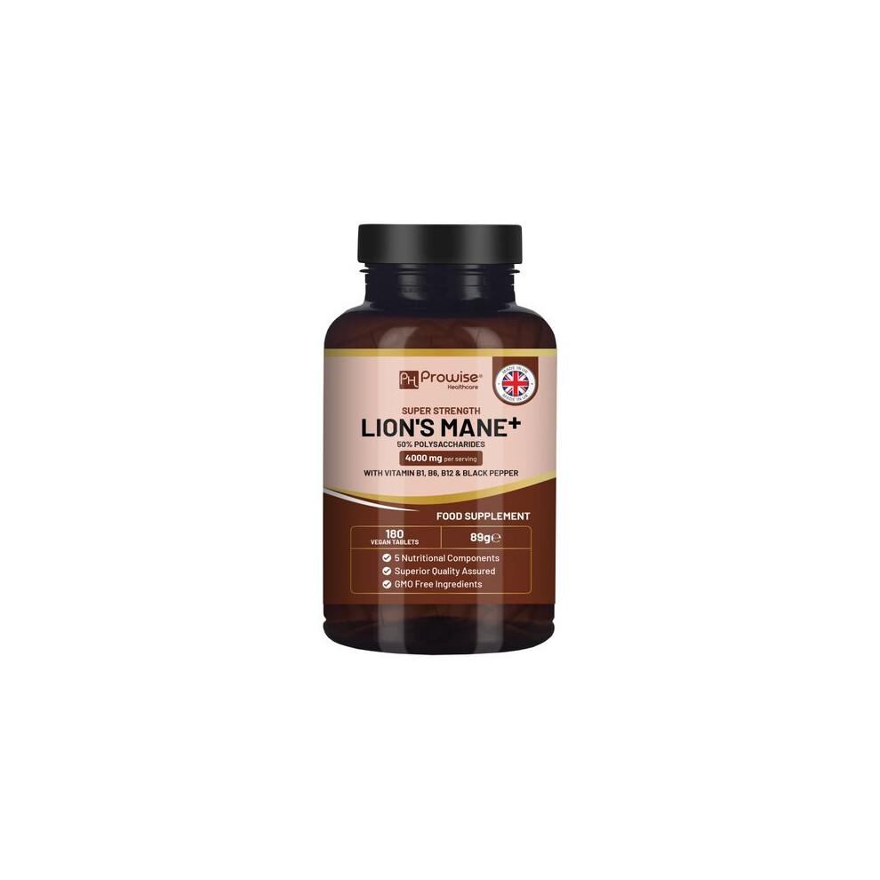 Prowise Healthcare Black 180 Lions Mane Supplement 4000Mg Vitamin B1,B6,B12& Pepper Vegan