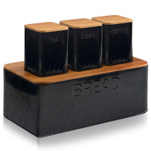MantraRaj 4PCS Kitchen Bread Bin And Canister Set With Bamboo Lid Kitchen Storage Bread Box And Tea Coffee Sugar Container