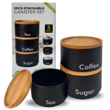 MantraRaj 3PCS Tea Coffee Sugar Canister Set Kitchen Canister Set Decorative Kitchen Food Storage Tin With Bamboo Lids