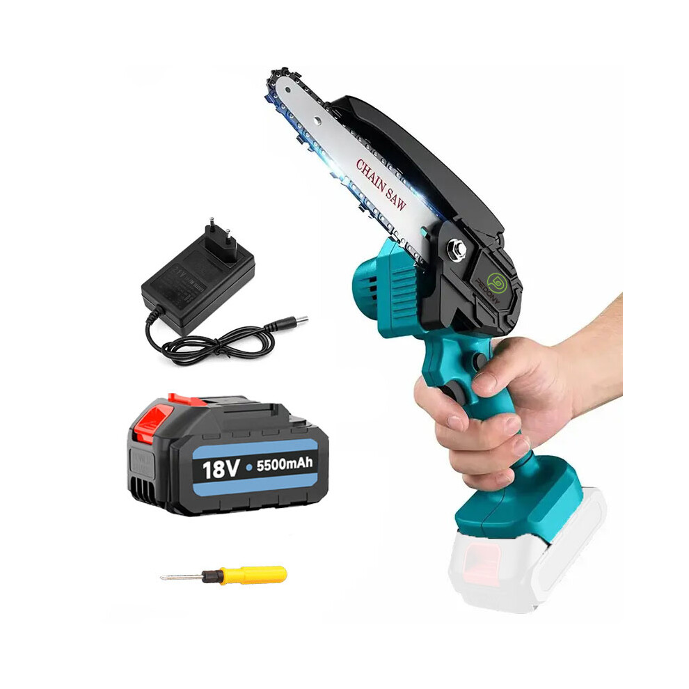 (1x6" Chainsaw+1x3.0A Battery+Charger) 6inch Small Mini Cordless Chainsaw Handheld Garden Saw 5.5A Battery