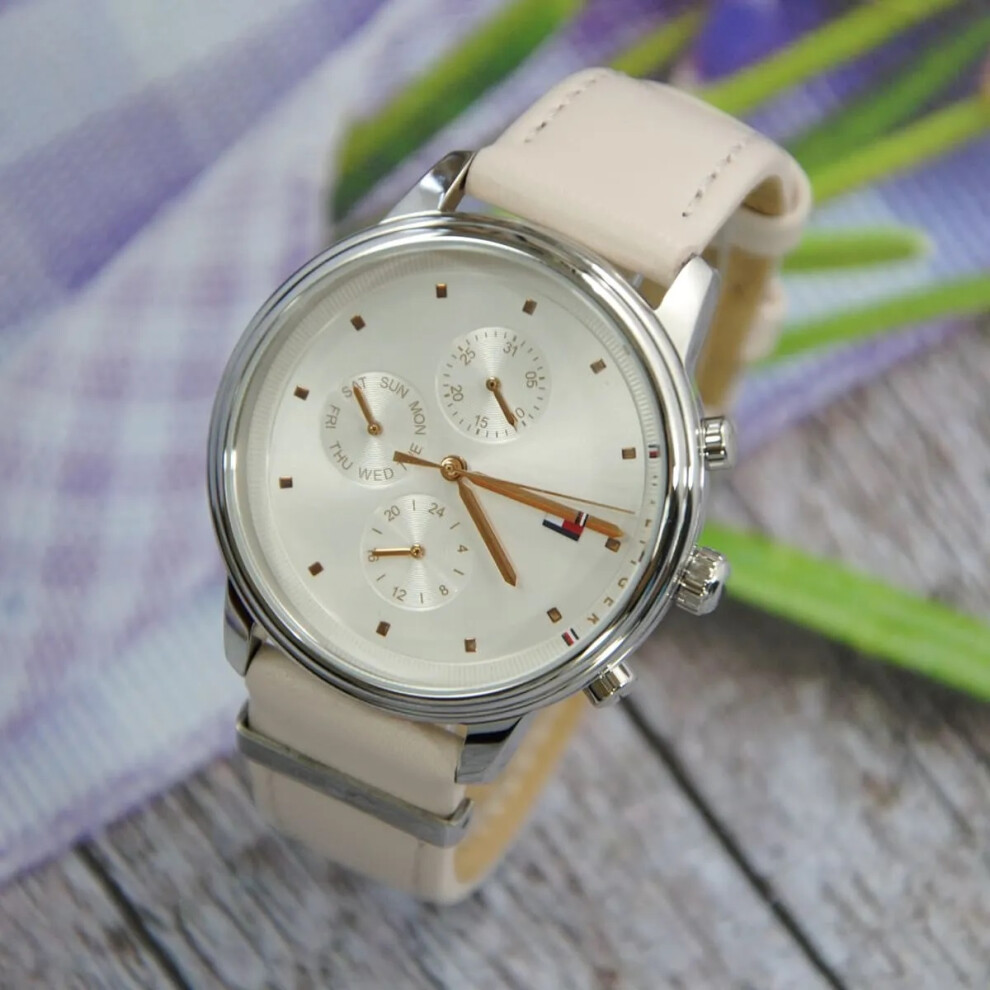 TOMMY HILFIGER 1781906 WOMENS WATCH BEIGE BAND SILVER DIAL SILVER CASE