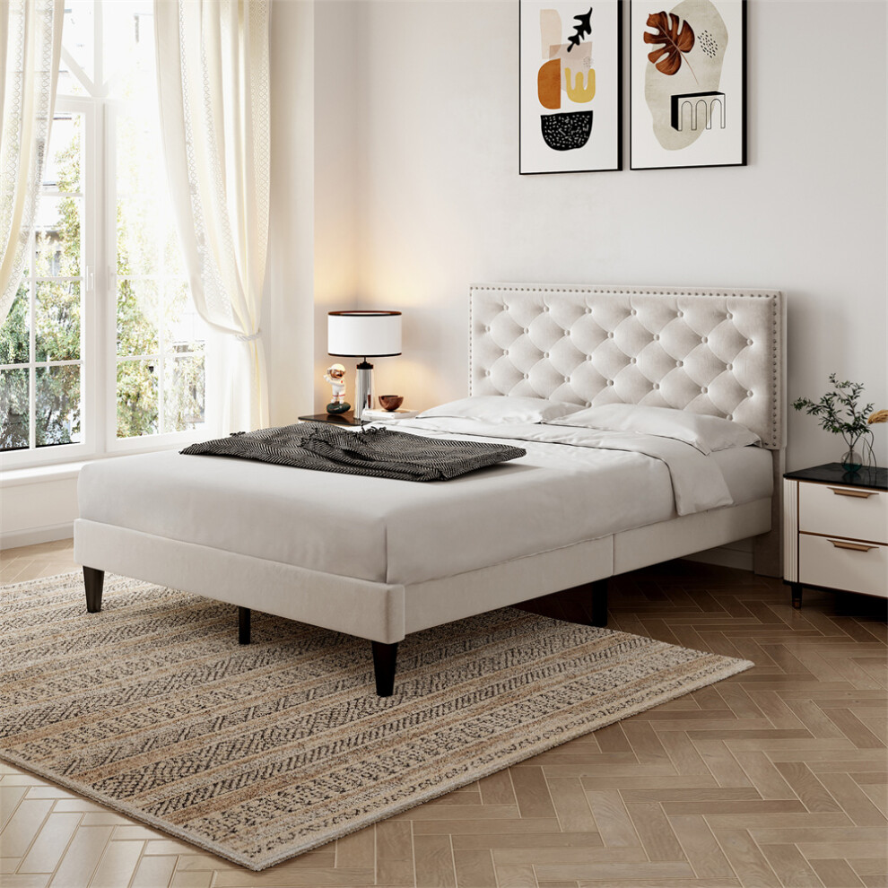 (Beige with Adjustable Button) 135cm*190cm, Double Upholstered Velvet Bed Frame