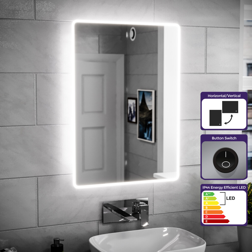Nes Home Bathroom LED Mirror Battery Powered Button Switch 500 x 700mm