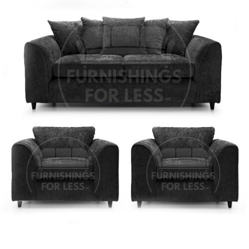 (Black, 3 Seater + 2 x Armchair) Monaco Chenille Fabric Sofa Set Range