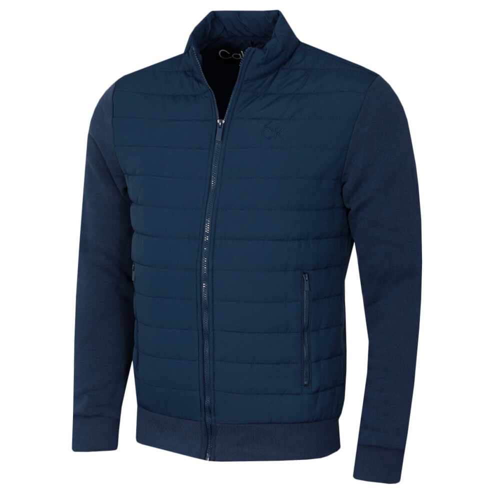 (L, North Sea) Calvin Klein Mens Hybrid Quilted Fleece Funnel Neck Jacket