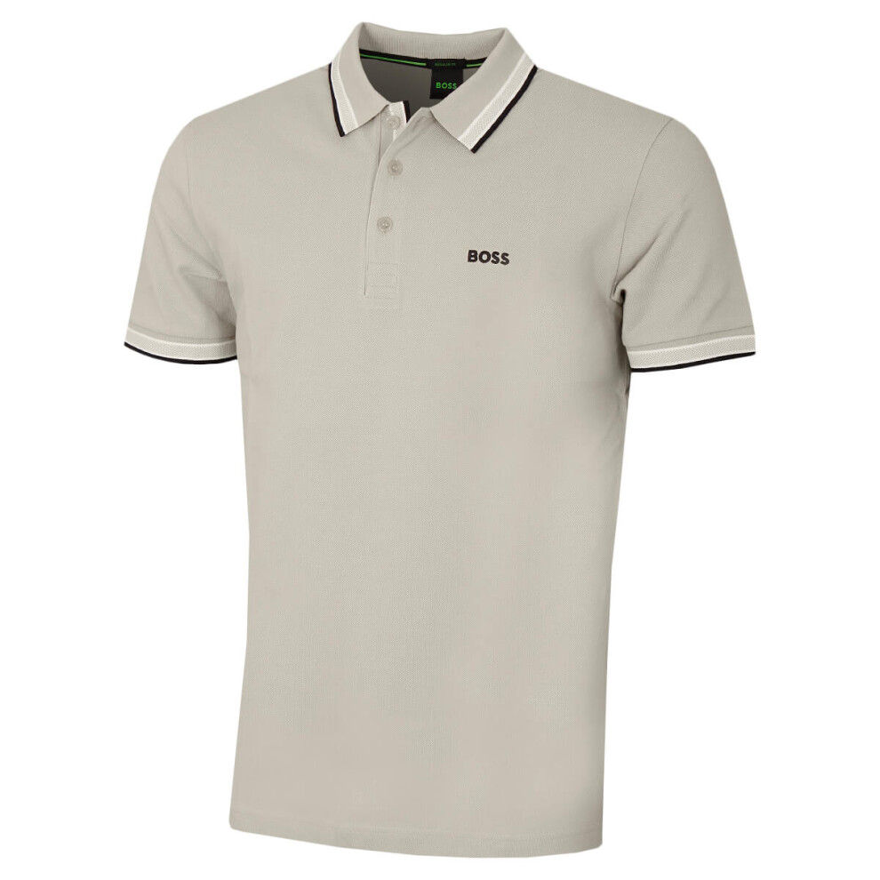 (M, Light Beige) Hugo Boss Mens Paddy Stripe Cotton Fabric Regular Fit Golf Polo Shirt