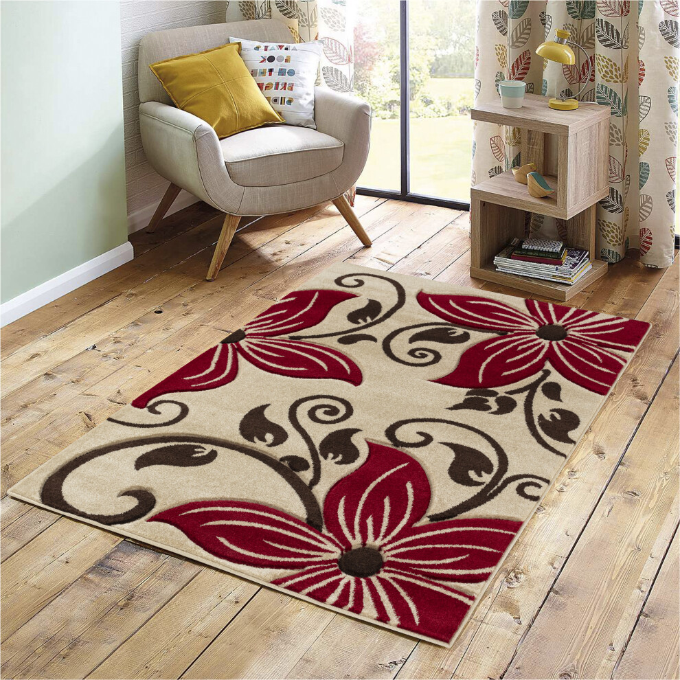(CREAM / RED, 60 cm x 120 cm) Floral Carved Multi Coloured Living Room Rugs
