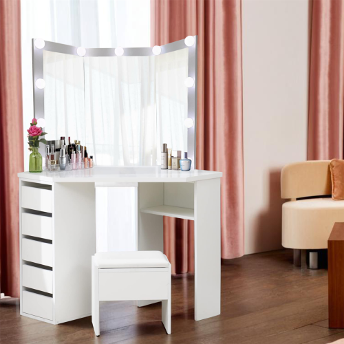 Corner Dressing Table with 3 Mirrors Stool LED Bulbs 5 Drawers 1