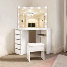 Corner Dressing Table with 3 Mirrors Stool LED Bulbs 5 Drawers