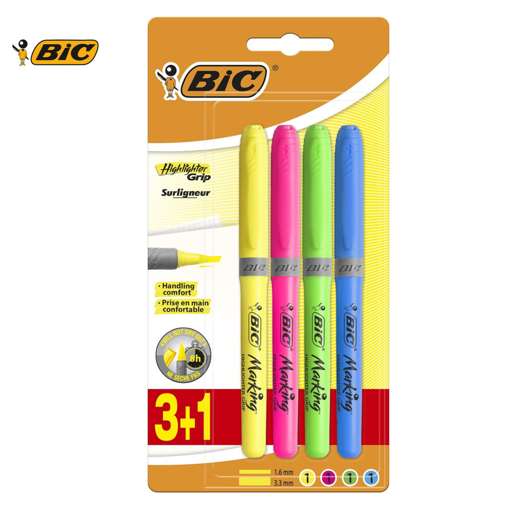 BIC Grip Multi-Colour Highlighters Pack of 4 with Chisel Tip