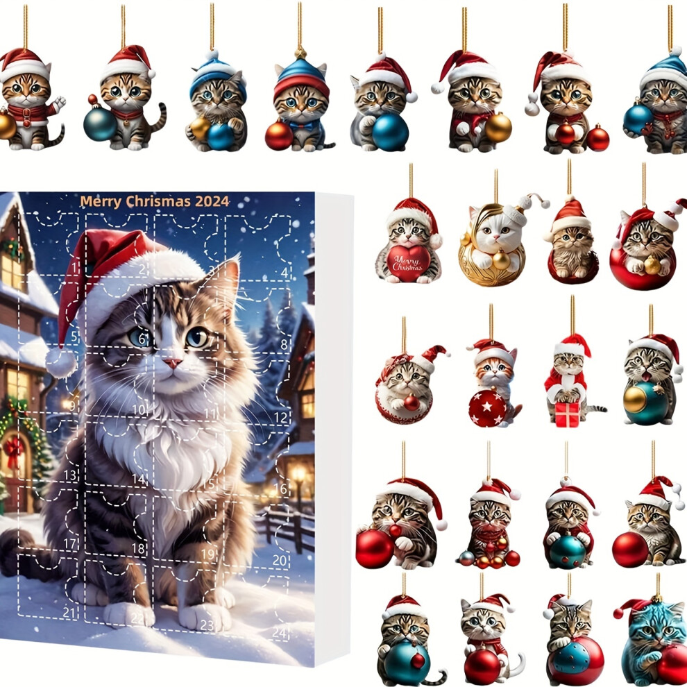 (24pcs) Vintage Acrylic Cat Pendant Advent Calendar 2024, 24-Day Christmas Countdown