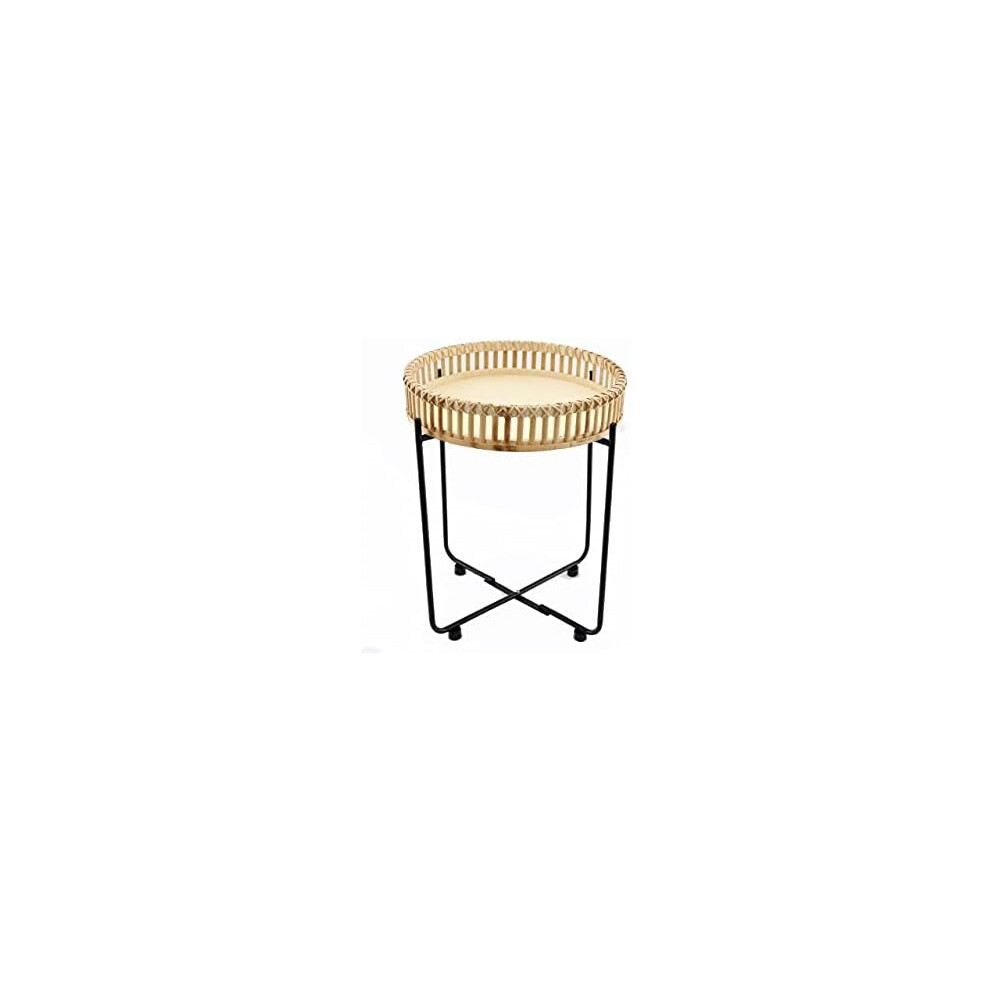 Bamboo Round Tray Side Table With Black Metal Folding Stand