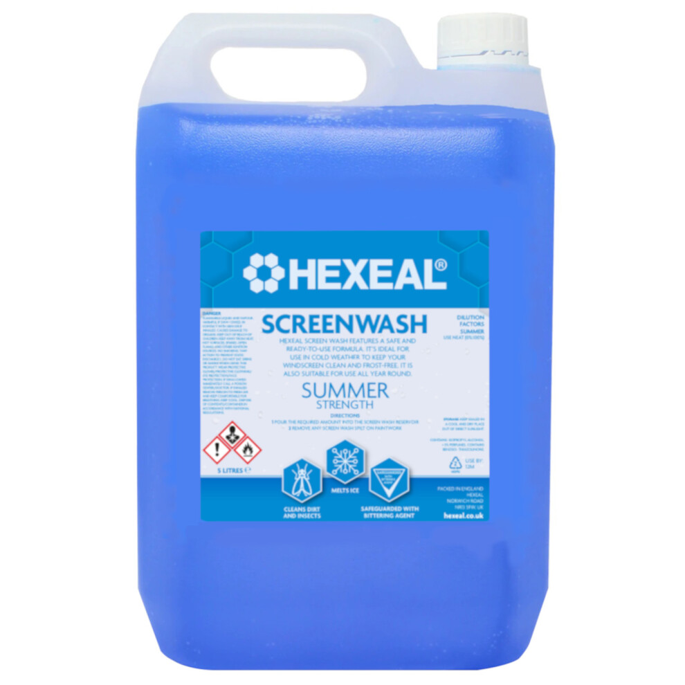 Hexeal Screenwash 5L Summer Strength, Ready To Use, Windshield Wiper Fluid For Summer Protection - Improve Vision And Buildup Of Dirt 5060727634549